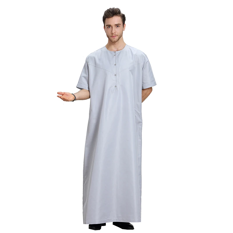 Hot Sale High Quality Muslim Arab Men Thobe Thawb Caftan Solid Color Short Sleeve Islamic MIddle East Jubbah Men's Thobe