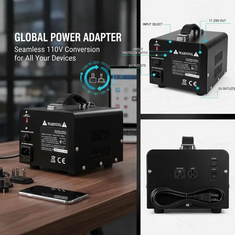 Power Voltage Changer 1000VA For Home Appliances Kitchen Electronics Travel Equipment, Heavy Duty Step Up Down Transformer 110V 220V Bidirectional Conversion US EU Outlets Power Cord Circuit Breaker Protection Metal Housing Black Finish