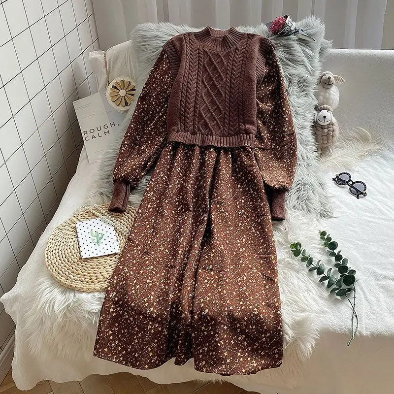 

Women Patchwork Knitted Floral Print Fake Two-piece Long Sleeve Dress Autumn Winter A-Line Vintage Elegant Midi Dress Vestidos