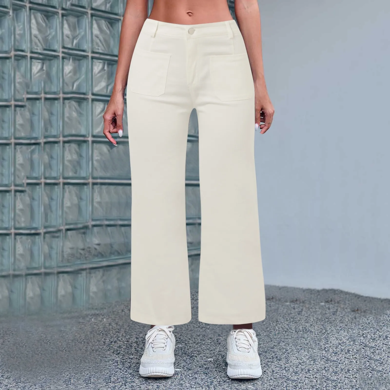 

Women's Spring And Summer Casual Comfortable Jeans Washed Stretch Flared Wide Leg Denim Pants Solid Color Loose Ninth Pants