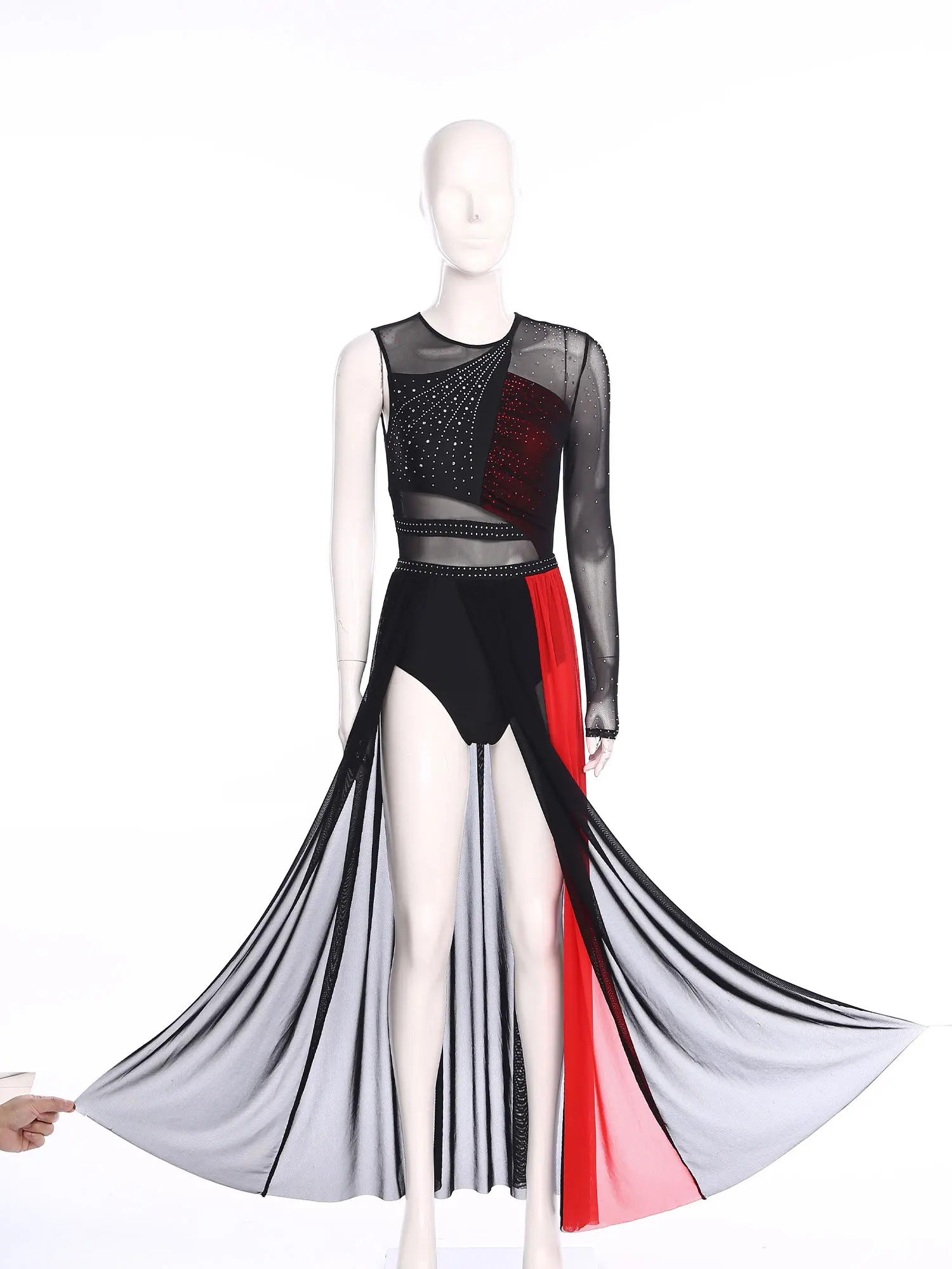 فستان رقص غنائي معاصر للنساء مرصع بأحجار الراين وفتحة جانبية فستان شبكي لأداء المسرح لحفلات الرقص على الجليد #3