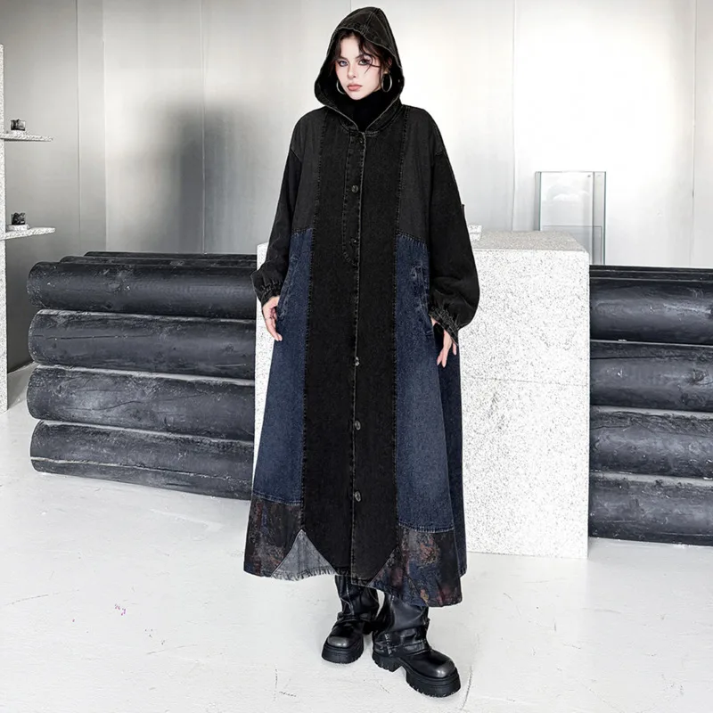 ANJY Autumn Winter Women Retro Loose Patchwork Hooded Long Denim Jacket Dark Trendy Color Block Distressed Oversized Coat A28292