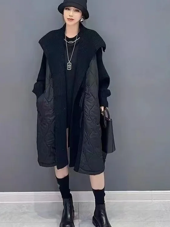 

SuperAen Loose Waist Cotton-padded Cardigan for Women's 2025 Autumn and Winter New Patchwork Knitting Fashion Elegant Long Coats