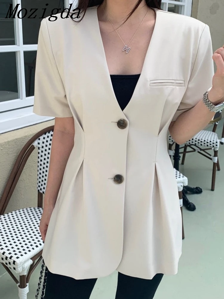 

Summer Blazer Suit Coat Women V-Neck Slim Waist Fashion Ruffle Pleated Ladies Jackets Korean Style Loose Short Sleeve Woman Tops