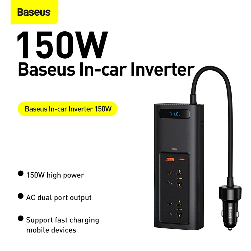 Baseus 150W Car Inverter DC 12V to AC 220V Converter Inversor LED Display USB Type C Fast Charger Car Power Adapter Inverter