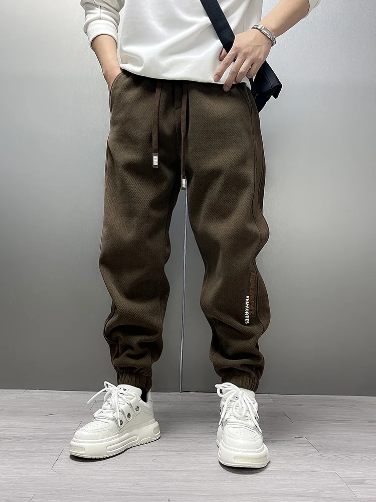 

Men's Thiened Fce Lined Embroidered Letter Casual Pants Winter Warm Faionable Harlan Youth Versatile Loose Fit Trousers
