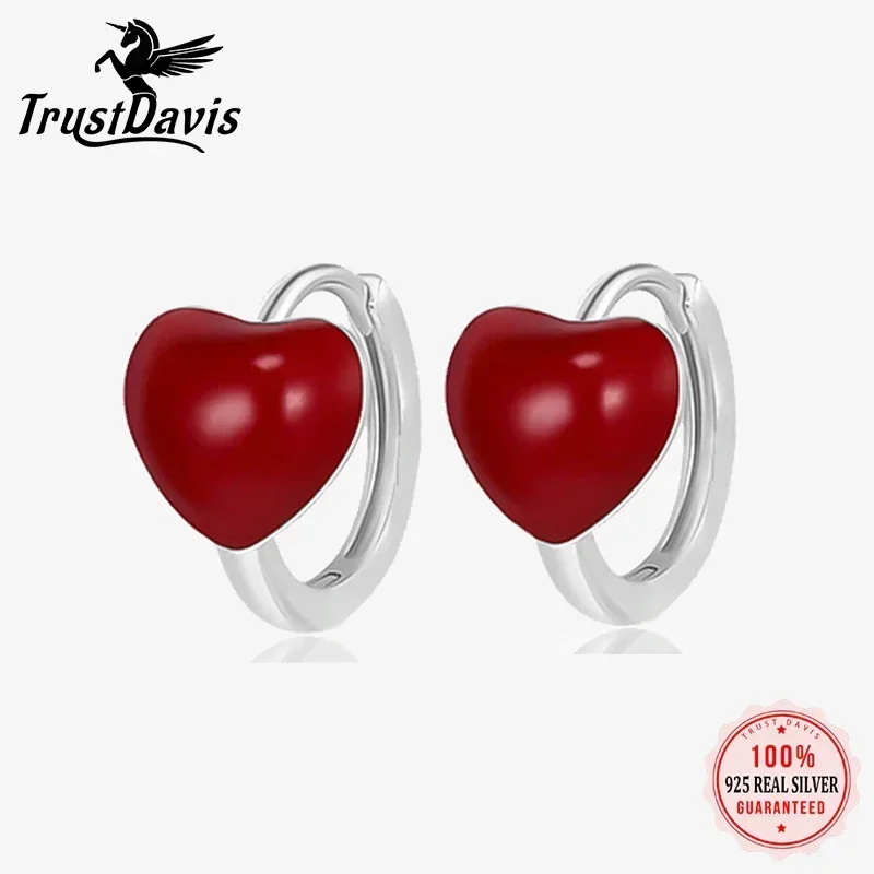 

TrustDavis 100% 925 Sterling Silver Fashion Heart Hoop Earrings Round Jewelry Earrings Minimalist for Women Birthday Gift LB717