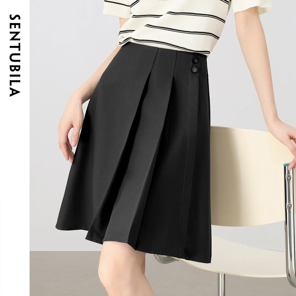 

SENTUBILA Women's Pleated Short Skirts 2026 Summer High Waist Black Mini A Line Skirt 2026 Office Collection Clothing 152QB2377