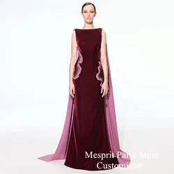 Burgundy Velour Prom Dress Open Back Customized Boat Neck Beading Sequined Saud Party Gown with Cape Dance Evening Dresses