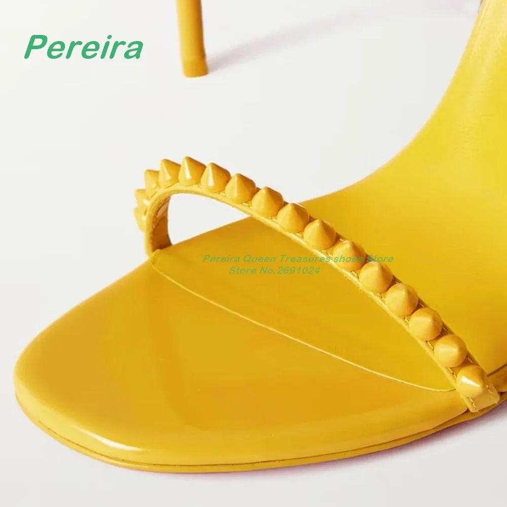 Yellow Cross Rivet Sandals Slingback Buckle Strap Thin High Heeled Summer Sandals for Female Solid Leather Party Luxury Shoes