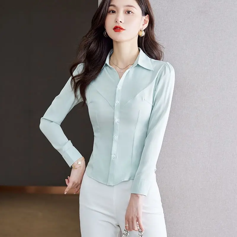 High Quality Satin Sexy OL Slim Basic White Shirt Women Tunics Vintage Style Long Sleeve Casual Tops Office Lady Work Blouses 5X