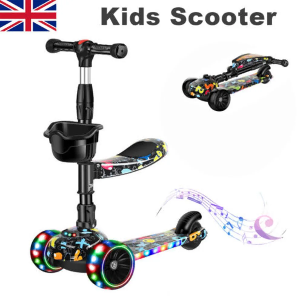 Kids Scooter Child Kick Flashing LED Light Up 3 Wheel Push Adjustable Folding