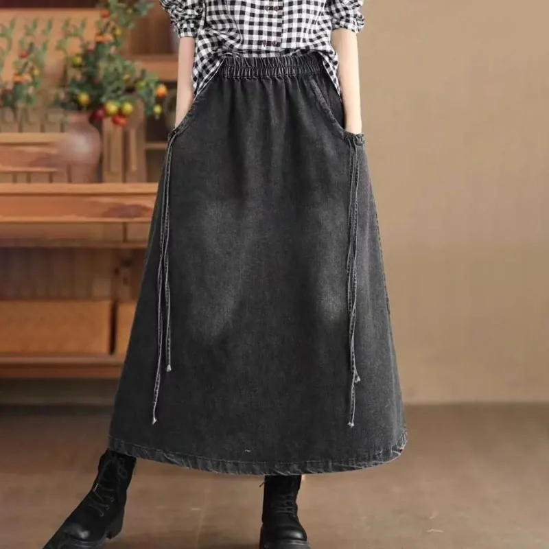 

Хлопковая джинсовая юбка с высокой талией, женская весенне-осенняя новая модная свободная джокер с эластичной резинкой на талии, длинная джинсовая юбка, уличная одежда