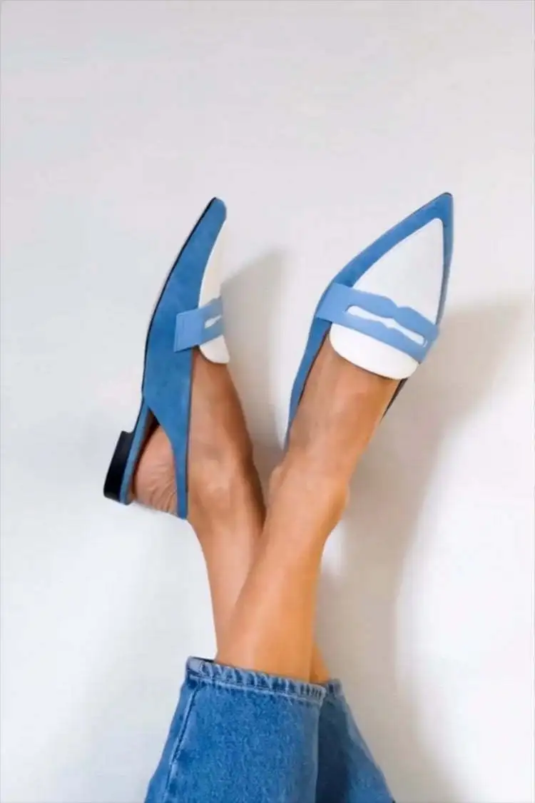 Pointed Toe Blue Mules Shoes Casual Women Flat Women's Shoes With Trip Band