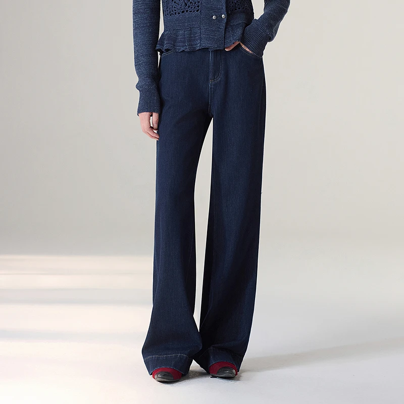 

Loose Wide Leg Jeans with Plant Dye Scarf Casual Sle Women's Jeans Straight Cut l Waist Zipper Closure Blue Denim