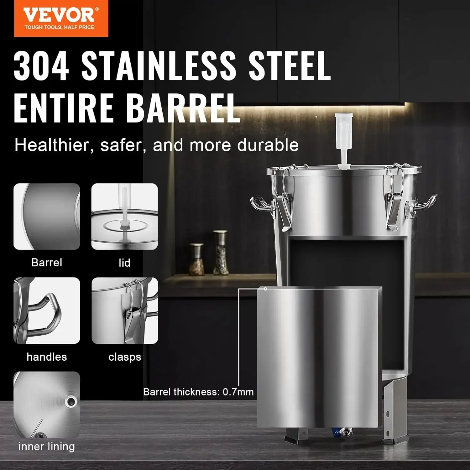 خزان التخمير سعة 8 جالون من الفولاذ المقاوم للصدأ لتخمير المشروب دلو تخمير للتخمير المنزلي مع تخمير قاعدة مخروطية،