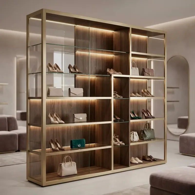 Gold Brushed Stainless Steel Shoe and Handbag Display Cabinet with Glass Shelf for Retail Stores