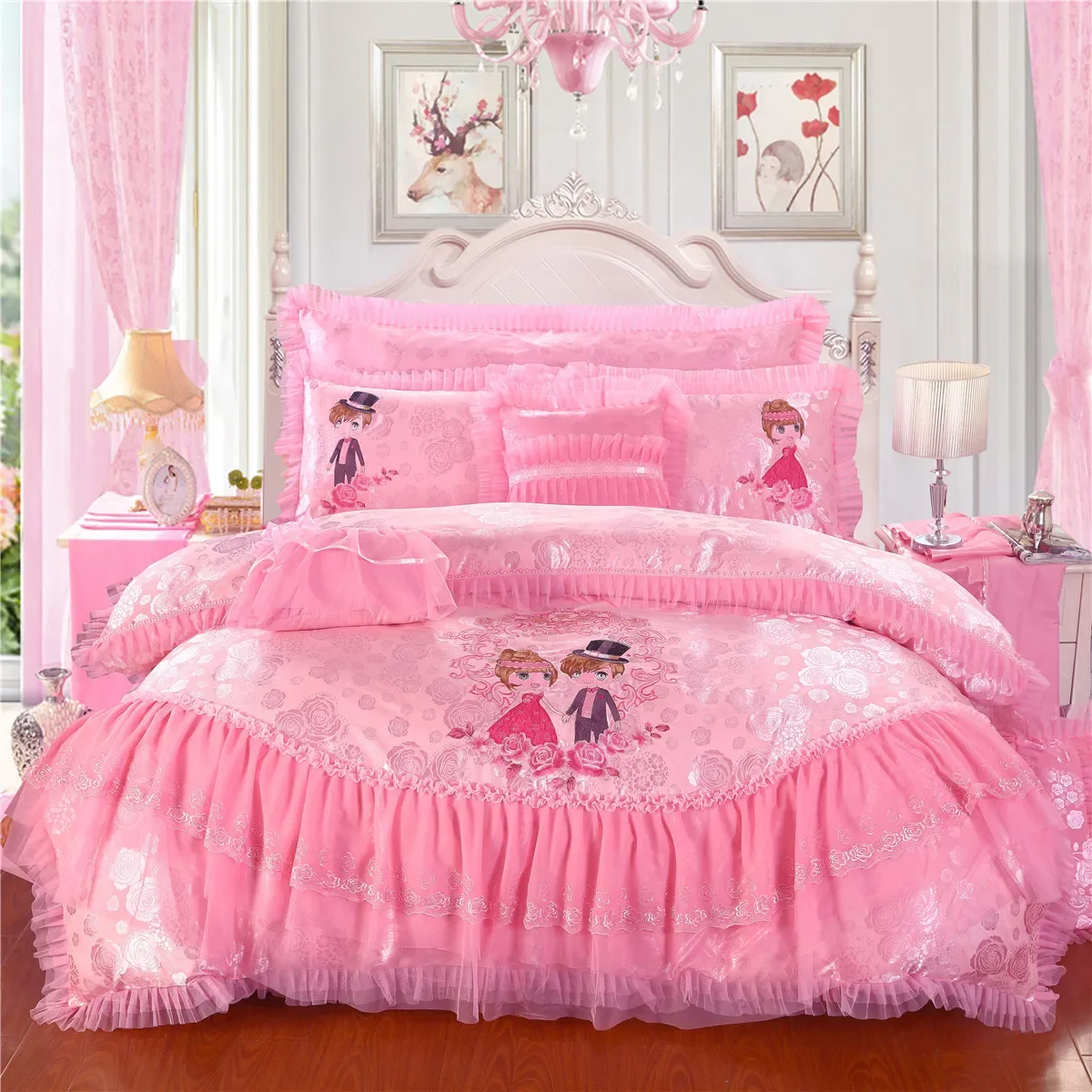 Wholesale Luxury 100% Cotton Duvet Cover Embroidered Bedding Set with Lace Pink Color Bed Sheet Wedding Bedding Sets