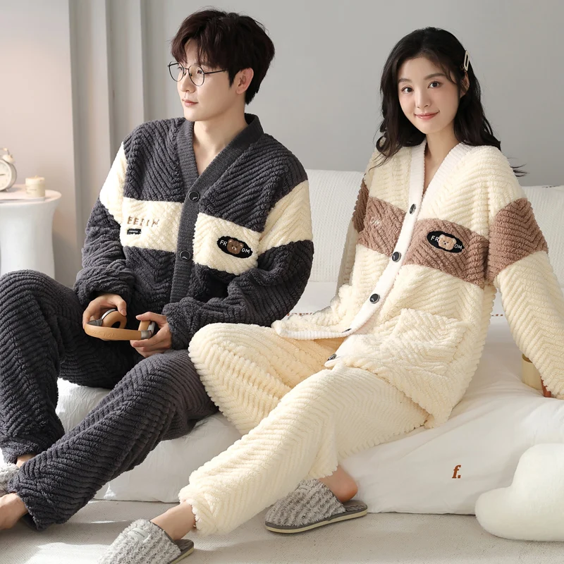 2023 New Winter Thick Pajamas Set for Couple Korean V-neck Sleepwear for Man and Women Kimono Velvet Pjs for Lovers pijma hombre