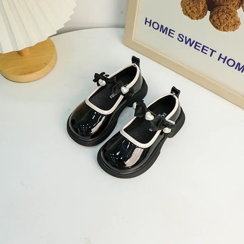 Girls Princess Leather Shoes Love Bowtie Black Kids Mary Jane Shoes Fashion School Versatile Children Causal Shoes Spring Autumn