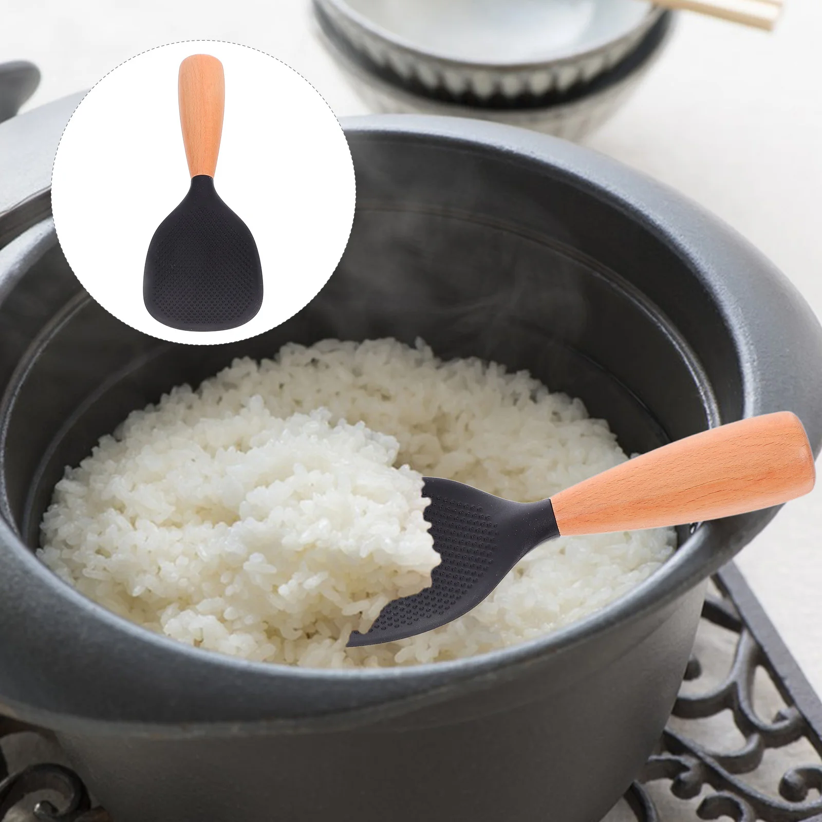 

Silicone Rice Spoon with Wooden Handle Heat-resistant Spatula Non Stick Non-stick Utensil Serving Black Paddle Stirrer