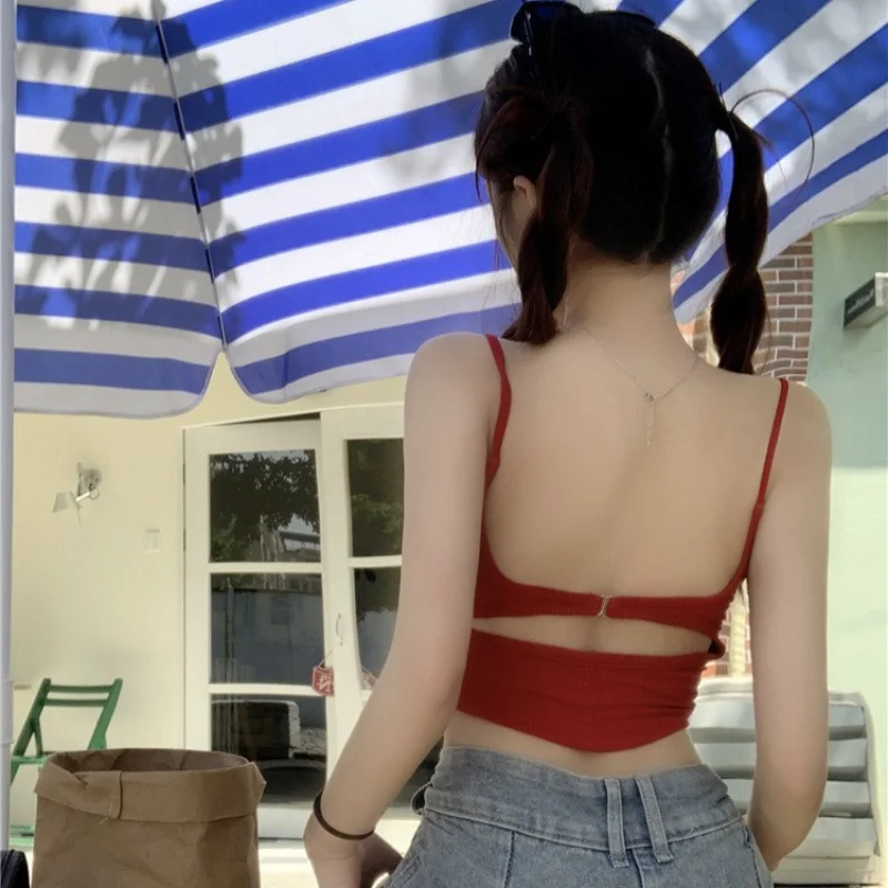 Pakaian dalam berongga Backless Hot Girl Sling rompi punggung indah terintegrasi dengan bantalan dada benang katun Bottoming Tube Top