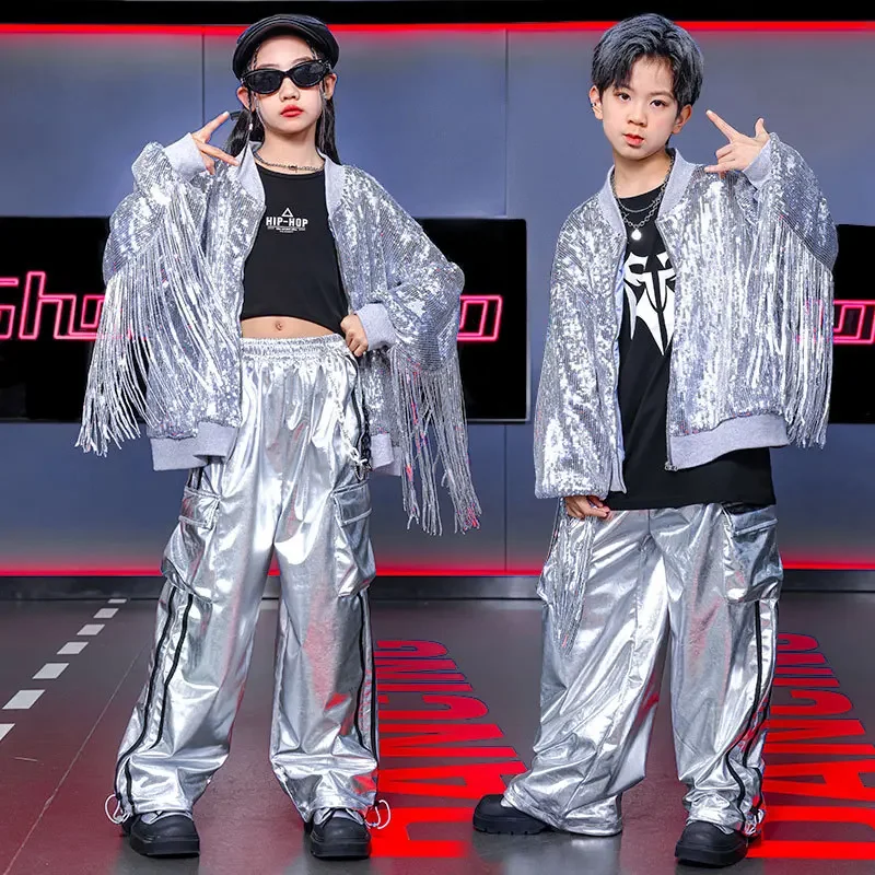 Children Boy Girl Casual Hip Hop Silver Sequin Tassels Jacket Pant Sets Kids Stage Fashion Show Clothes Coat Trousers Tracksuits