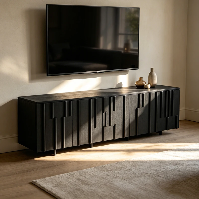 Custom black oak TV cabinets for homes and apartments, unique groove door design, large rectangular lockers for living rooms