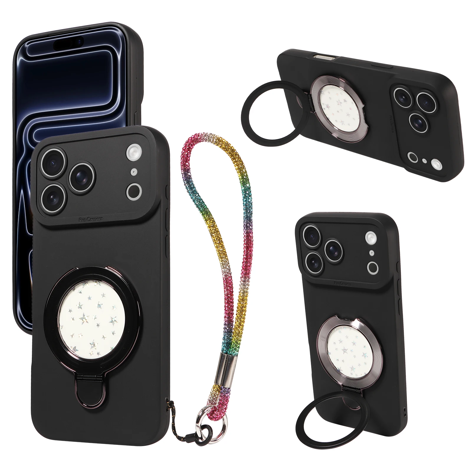 Leder-Handyhülle für iPhone 17E 16 15 14 13 12 11 Pro Max Plus Mini Air mit leuchtendem Ringhalter, Kameraschutz und Umhängeband