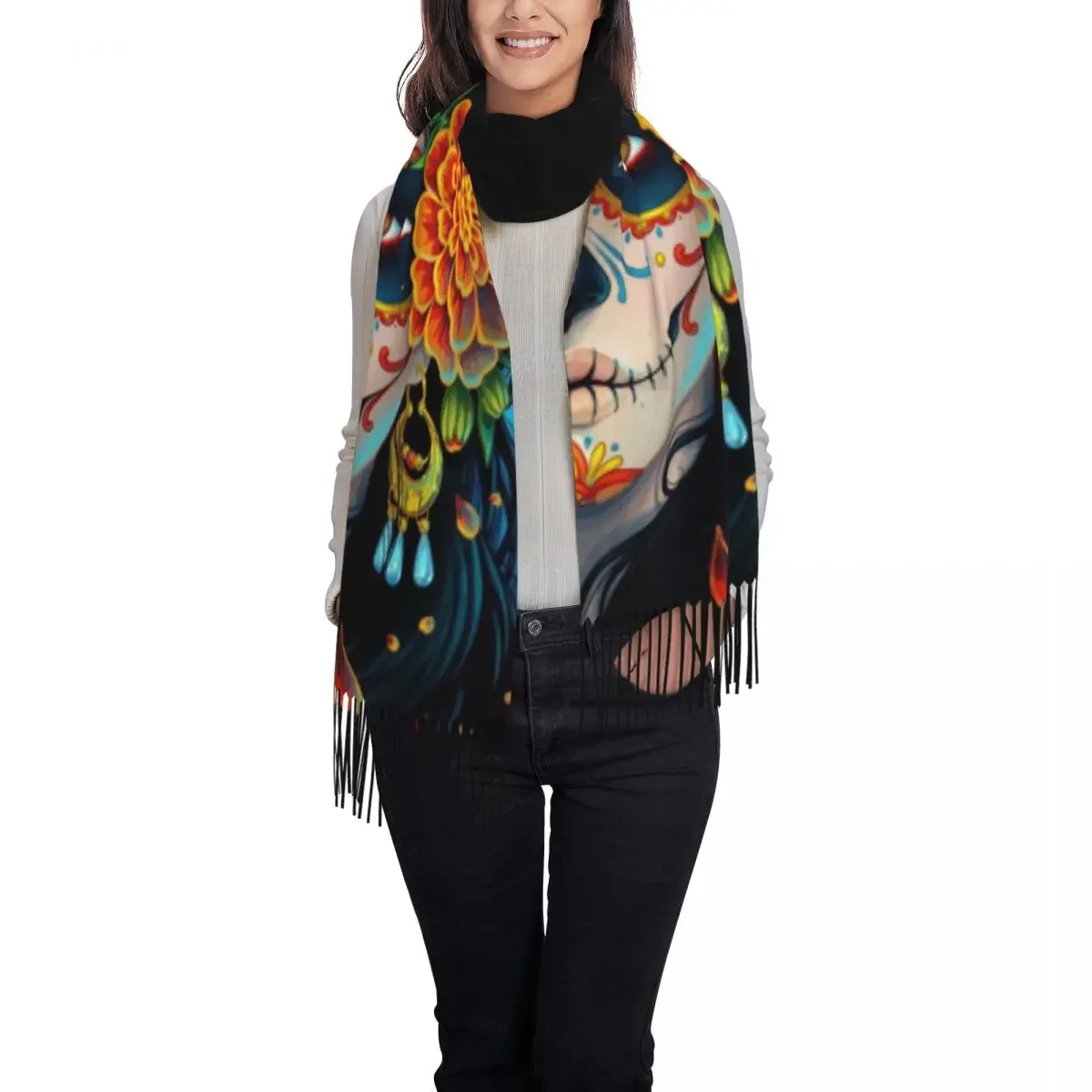 Custom Day Of The Dead Sugar Skull Girl Tassel Scarf Women Soft Horror Mexican Calavera Catrina Shawl Wrap Lady Winter Scarves