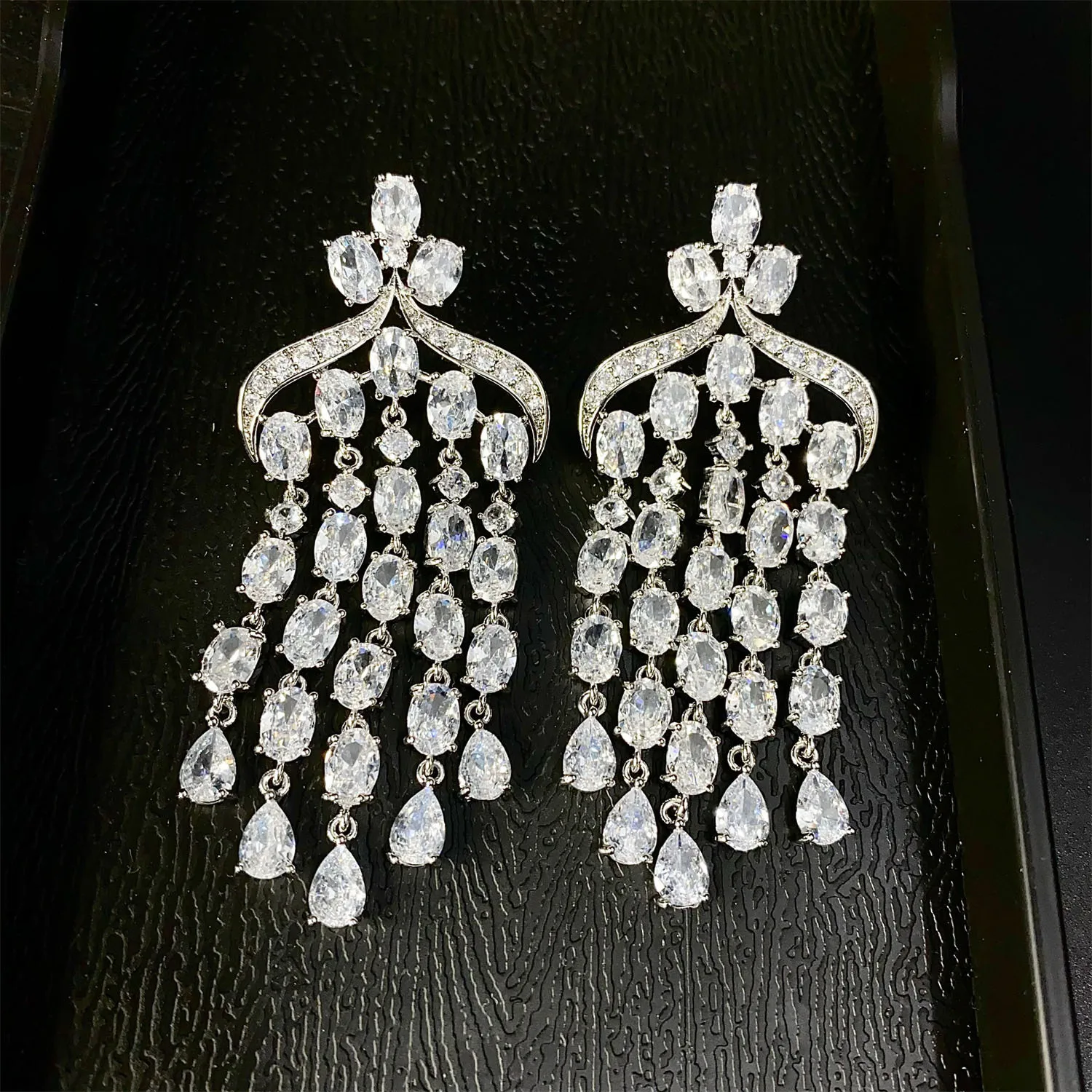 

luxury earrings for women dinner party jewelry white green colorful zirconia small water drop chain tassel dangling earrings