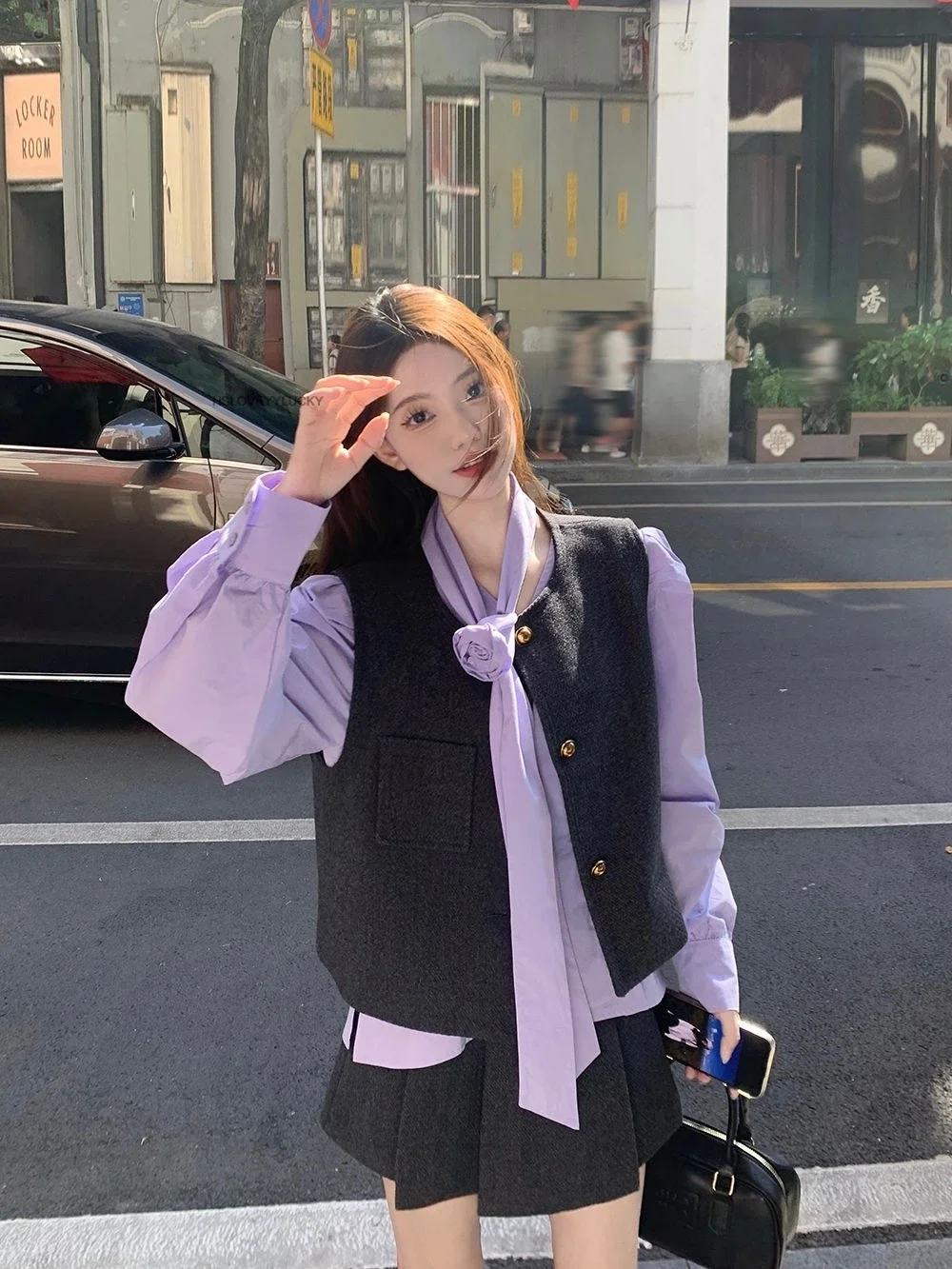 Autunno nuova camicia a maniche lunghe stile college uniforme scolastica coreana camicia viola con scollo a V gilet mezza gonna a pieghe set da tre pezzi