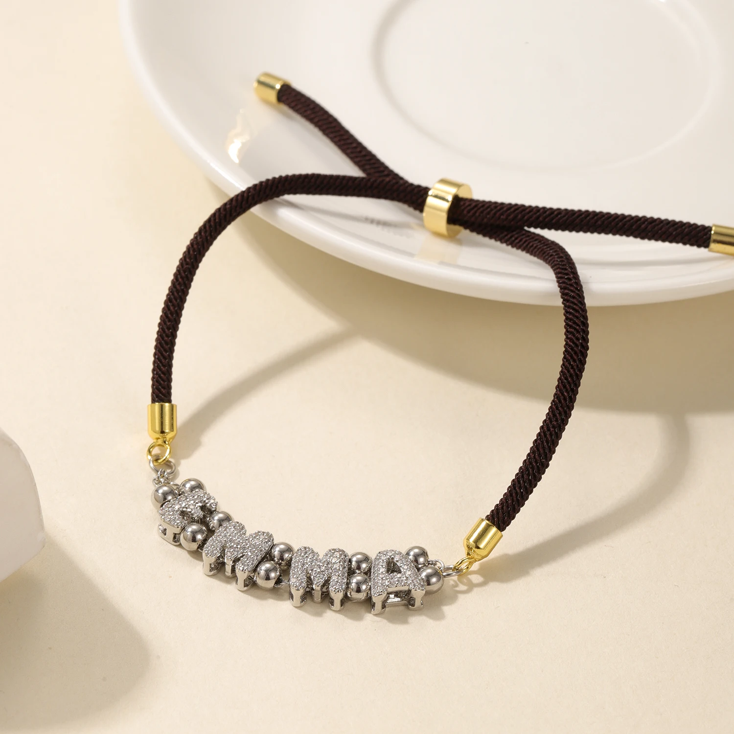 

Zircon Bubble Letter Rope Bracelet Rope Colors Optional Diamond Cut Letter Bead 3D Sparkle Alphabet Adjustable Personalized Gift