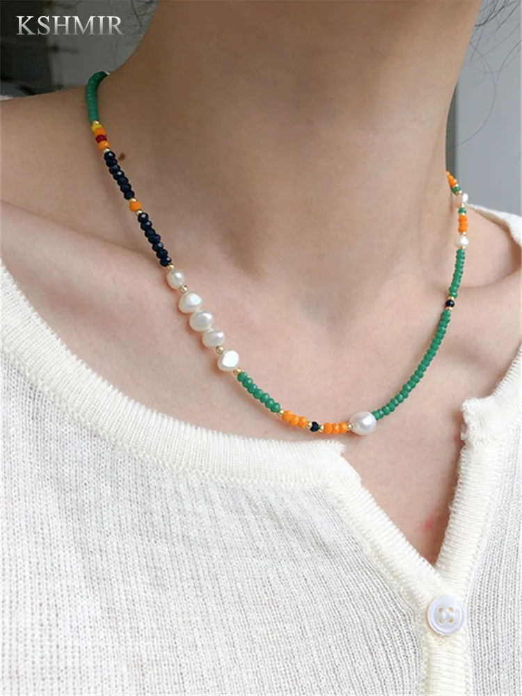 

2022 new pearl female necklace summer INS simple design color green crystal temperament simple clavicle chain