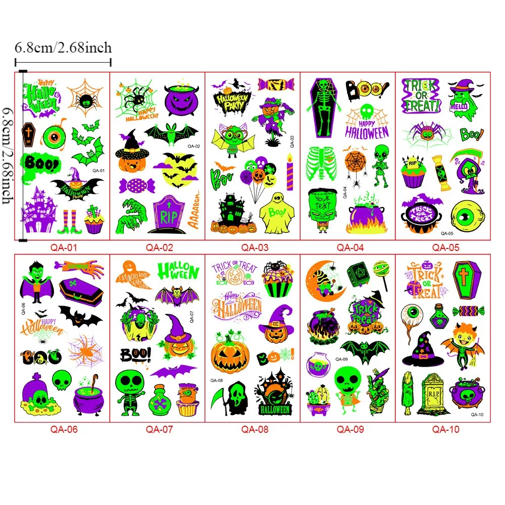 10Pcs/Set Fake Tattoo Glow Party Tattoo Stickers Waterproof Temporary Fluorescent Tattoo Sticker Party Decor Disposable