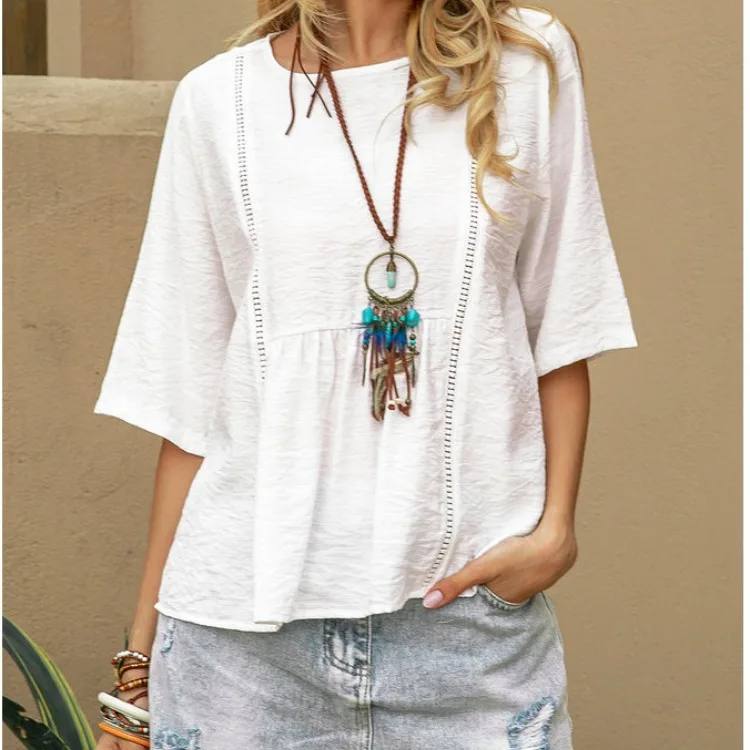 Elegant Summer Cotton Ramie Hollow Patchwork Women Shirt Chic Blouse O Neck Short Sleeve Shirt Plain Casual Basic Tops Blusas