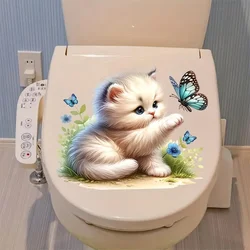 Adorable Kitten and Butterfly Toilet Lid Decal, Animal Print Self-Adhesive Reusable PVC Sticker for Toilet Lid, Bathroom Decor