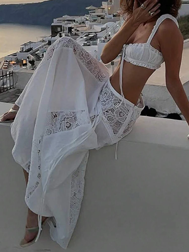 Boho Weißes Spitzen-2-Teiler-Outfit für Damen, Spaghetti-Träger Crop-Top und Maxirock mit hoher Taille, passende Sets für Strandurlaub – Detail 7