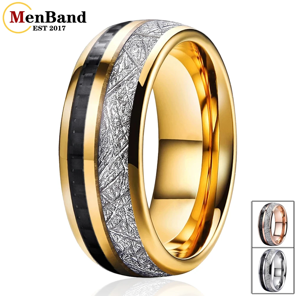 Mens Womens Wedding Band Tungsten Carbide Ring 8MM With Black Carbon Fiber And White Meteorite Inlay Dome Polished Comfort Fit