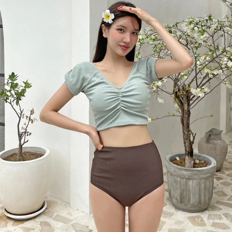 2024 Elegant High Waist Two Piece Bikini Set Women's Solid Folds Fresh Swimwear V-neck Beach Holiday Female Casuai Bathing Suits