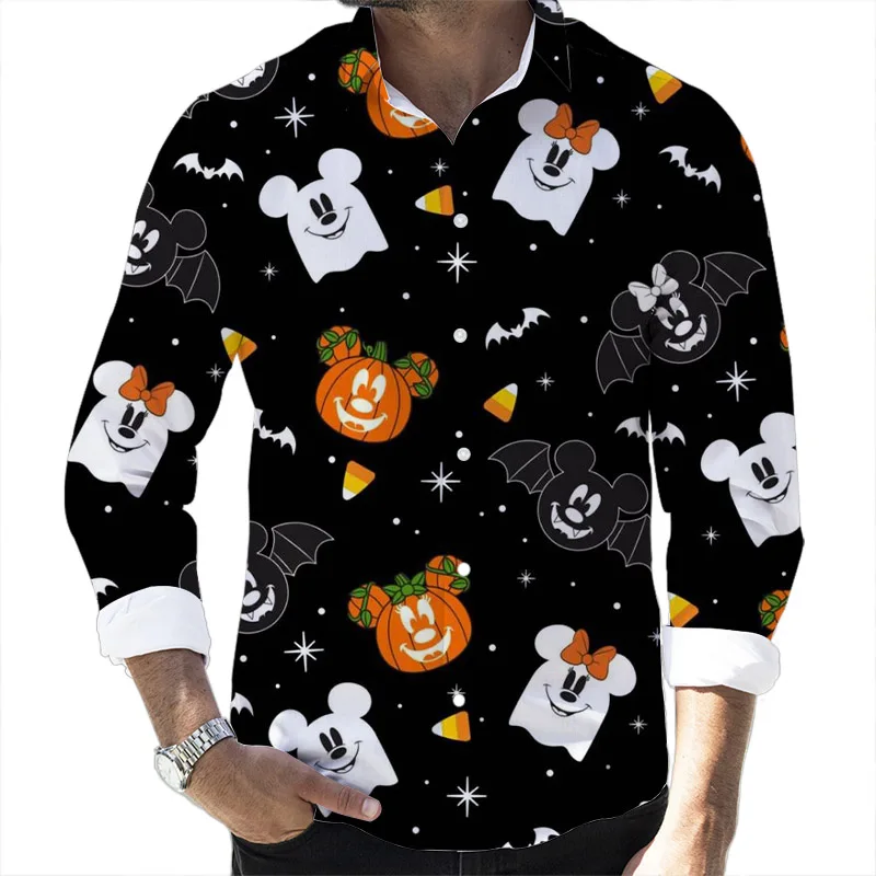 

Halloween Fall Pop Disney Shirt Stitch and Mickey Cartoon Casual 3D Printed Long Sleeve Lapel Shirt Slim Fit Men's Top y2k