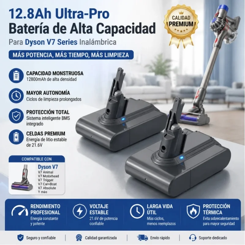 12,8-Ah-Ersatzakku für Dyson V7 kabellosen Staubsauger, 21,6-V-Li-Ionen-Ultra-Pro-Akku, kompatibel mit V7 Animal/Motorhead/Absolute/Fluffy/Trigger, intelligenter BMS-Schutz, lange Betriebszeit