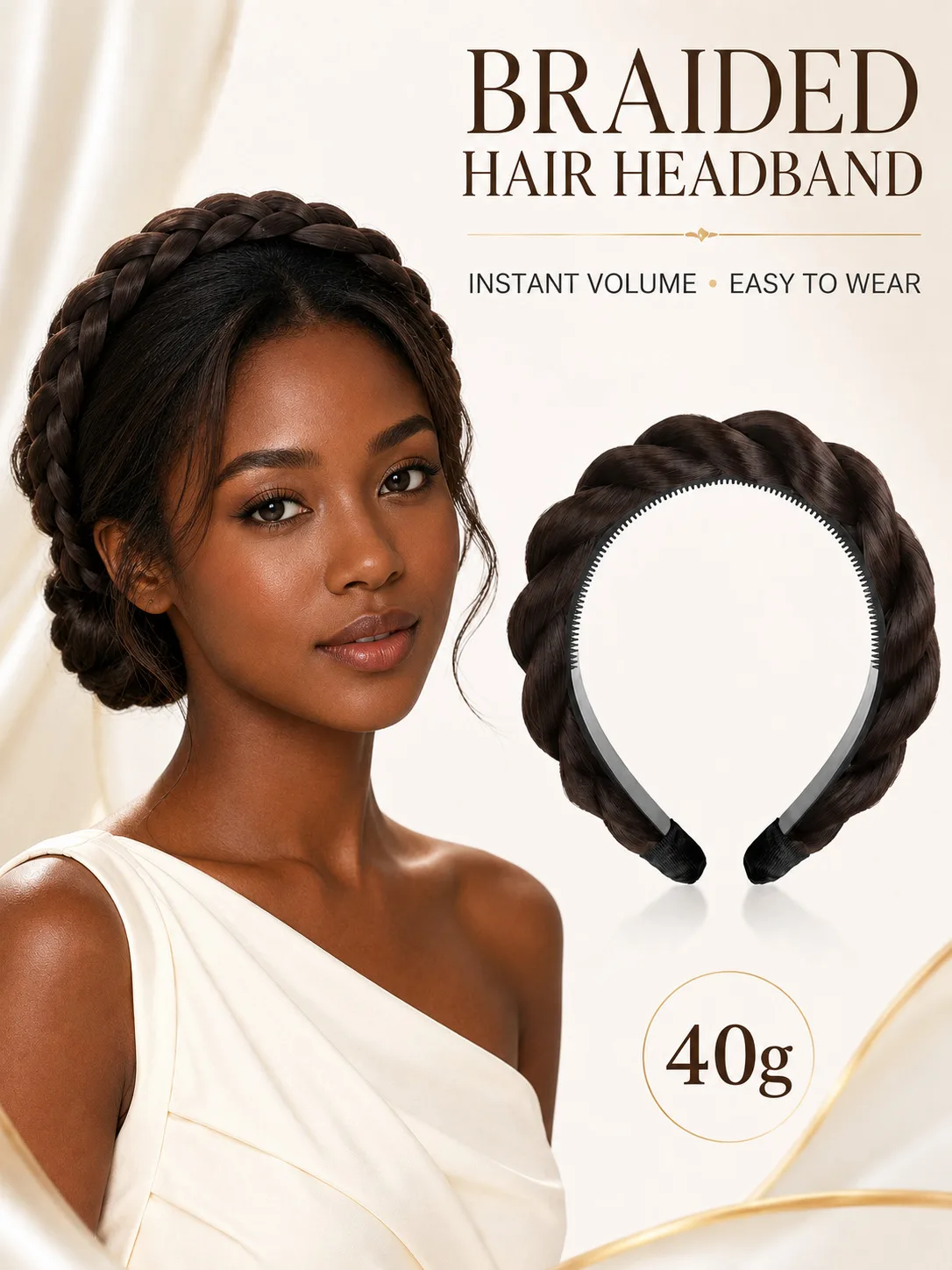40g Lightweight Braided Hair Headband Synthetic Natural Look Non Slip Instant Volume Easy Wear for Black Women