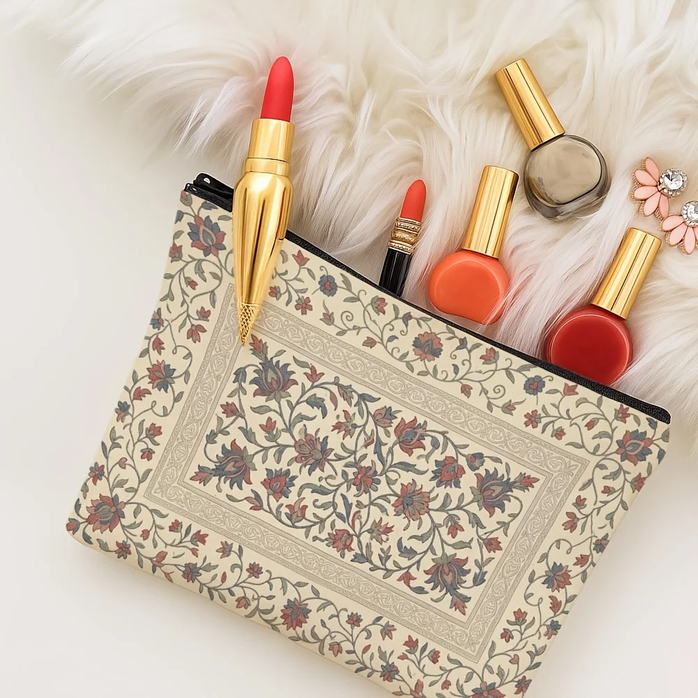 Vintage Persian Floral Zipper Pouch Antique Botanical Ornament Print Cosmetic Makeup Bag Travel Coin Purse Gift For Women