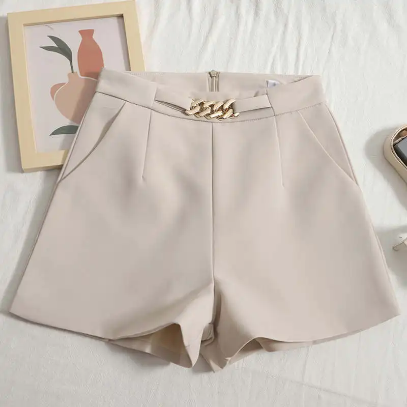 High Waist Chain Shorts Women All-Match 2022 Spring Straight Wide Leg Suit Shorts For Women Fashion Elegant White Shorts C8091