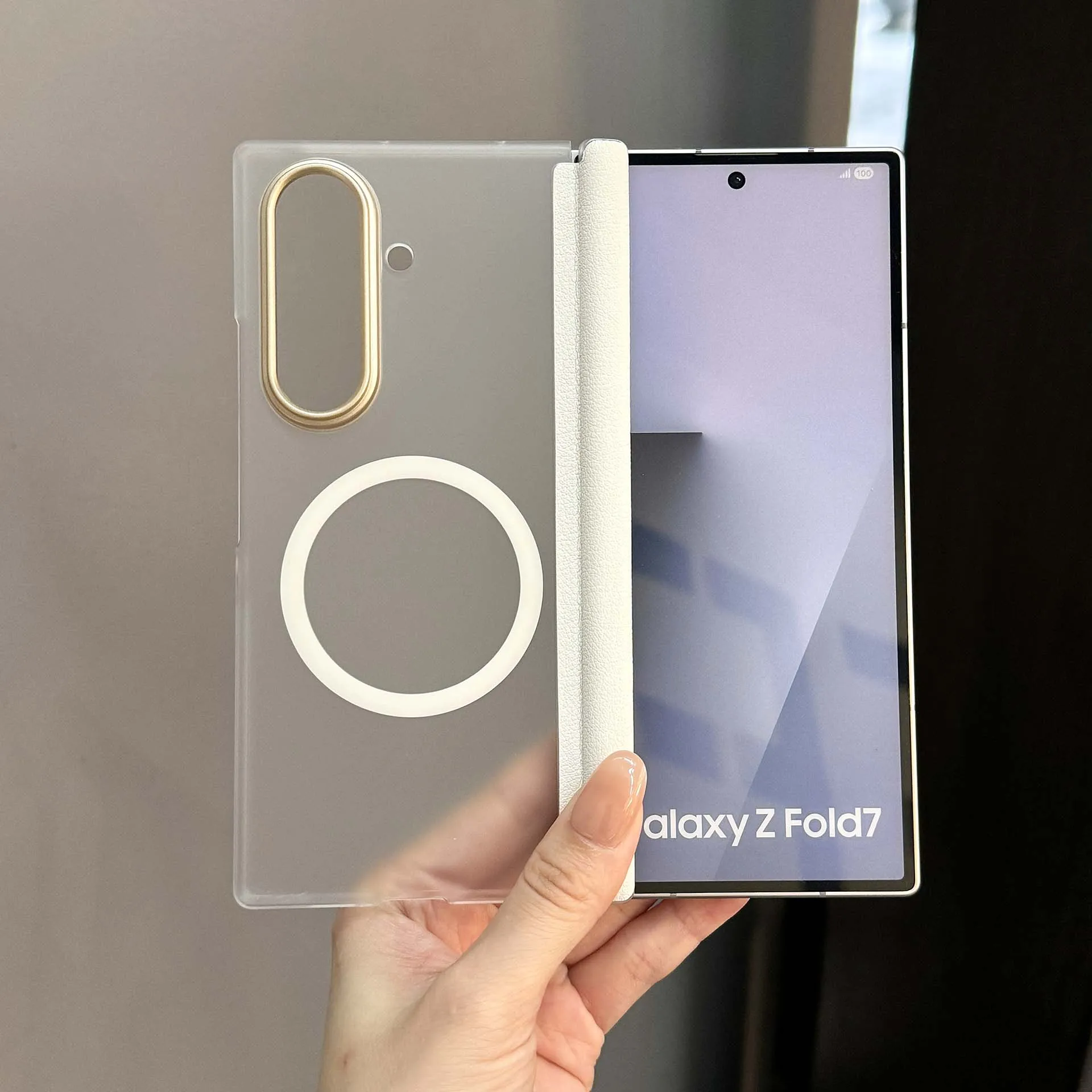 Für MagSafe Hülle für Samsung Galaxy Z Fold 7 6 5 Matt Transparent Luxuriöses Leder Scharnierschutz Harte Rückabdeckung Zubehör