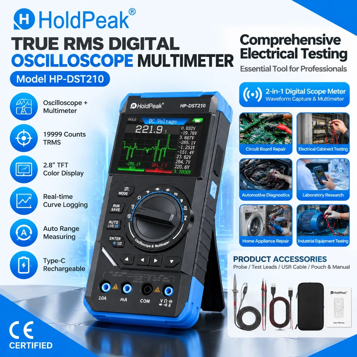FNIRSI DST-210 3-in-1 Oscilloscope Multimeter Signal Generator 10MHz 48MSa/s True RMS 19999 Counts Portable for Electrician