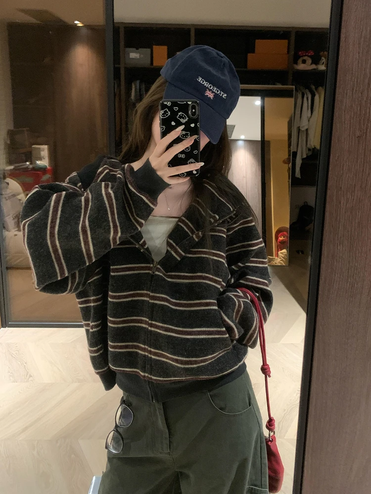Felpa con cappuccio a righe americane retrò con cerniera maglione lavorato a maglia da donna cappotto design autunnale cardigan aperto unico top lungo Sve