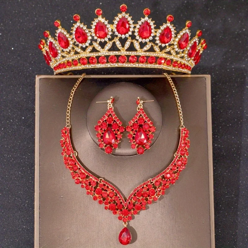 اللون الأحمر كريستال مجوهرات الزفاف مجموعات حجر الراين التيجان تاج قلادة طقم من الحلقان للنساء العروس مجوهرات الزفاف مجموعة التاج