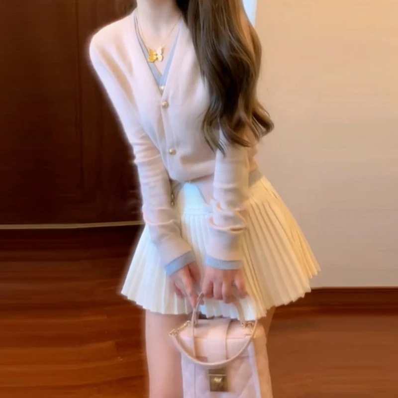 

Korean Sle Gentle Inner Wear Pink Knitted Sweater Fake Two-Piece Top Quali Autumn Faion Women's Clothing